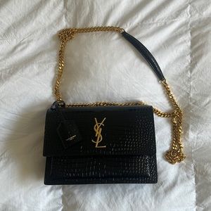 Yves Saint Laurent Black Croc-Embossed Leather Shoulder Bag with Gold Chain